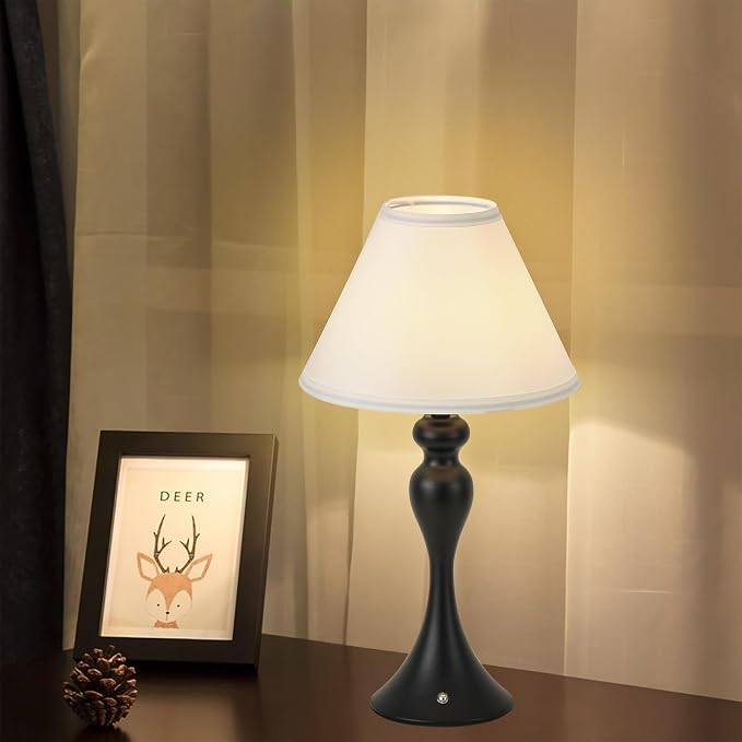 Rechargeable Cordless Table Lamps, Battery Operated Lamp with Fabric Shade for Decor, 3 Color Stepless Dimming LED Table Light, Nightstand Lamp for Nursery, Bedroom, Living Room, Home Office (Black)