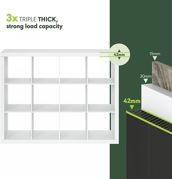 Furinno Cubicle Book Shelf, 12-Cube Bookshelf, Triple Thick Frame Cube Storage Organizer, 1.65" Thick Bookcase, 15.4" x 57.4" x 43.4", for Home Office, Living Room, Plain White