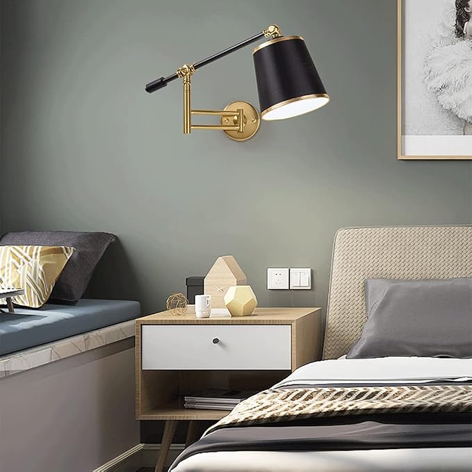 Adjustable Swing Arm Wall Lamp for Bedroom, Retractable Reading Light, E27 Bulb Holder, Retro Industrial Style Wall Sconce