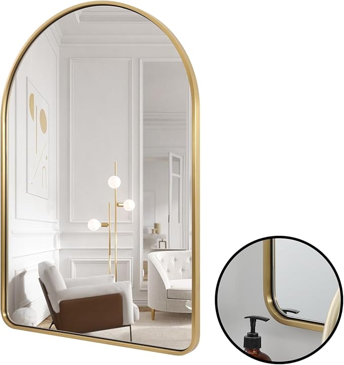 ANDY STAR Brass Mirror, 20x30 Gold Arched Mirror, Brass Bathroom Mirrors for Wall in SUS304-Anti-Rust, Seamless Tube Metal Frame, Wall-Mounted Vertical 1’’ Deep