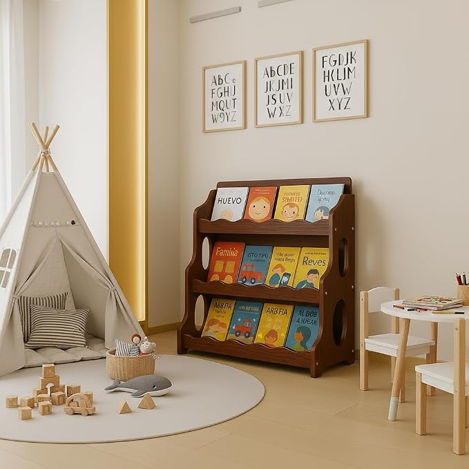 Kids Bookshelf Wooden Montessori Book Shelf Dutch Design 3Tier Scalloped,RedWalnutWood GrainPattern