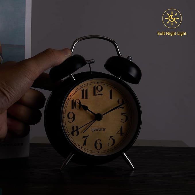 Rjuwurv 4" Twin Bell Alarm Clock with Night Light - Desk & Bedroom Alarm Clock (Black)