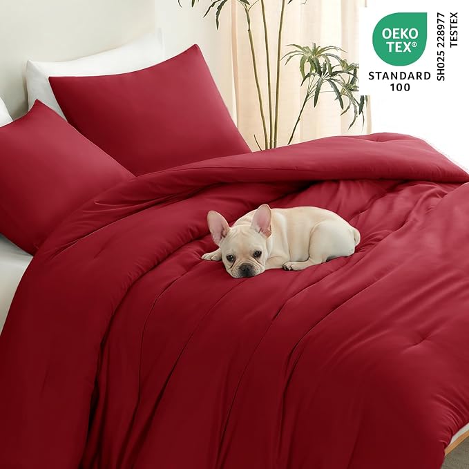 CozyLux Queen Comforter Set Dark Red, 3 Pieces Lightweight Comforters Queen Size Quilted Bedding Sets, All Season Breathable Solid Down Alternative Comforter with 2 Pillowcases, Bed Set Gift for Home