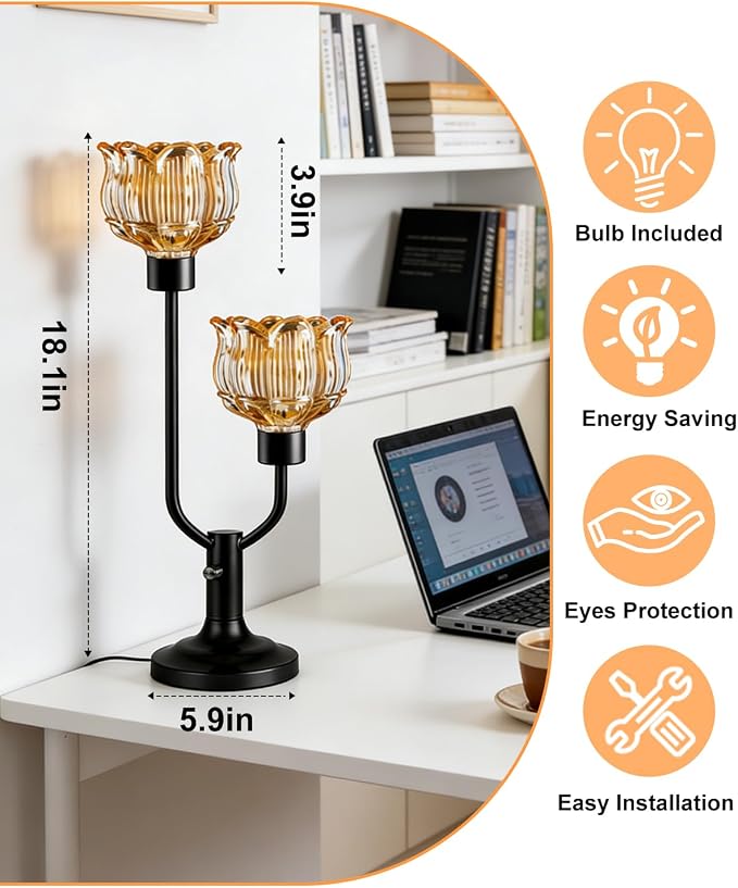Lightdot Mid Century Modern Table Lamp for Living Room Dimmable Black Flower Desk Lamp Amber Glass Vintage Nightstand Lamp 2 Bulbs Included Warmwhite Ambient Bedside Lamp for Bedroom Home Office Decor