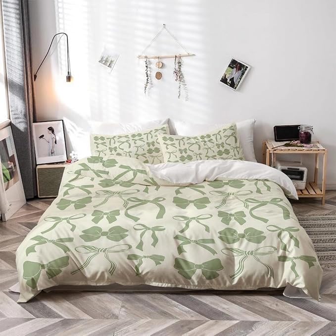 Sage Green Trendy Bow Duvet Cover King Size Preppy Bedding Set Bowknot Bed Cover,Dreamy Princess Style Kids Girls Super Soft Bedding Set for Teens Funky Coquette Girly Room Decor 104"x88"