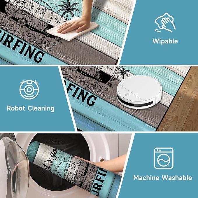 Surfing Area Rug Beach Van Palm Tree Carpet Retro Wood Grain Striped Rugs Non Slip Washable Floor Mat for Entryway Bedroom Living Room Nursery Playroom Home Decor,3'x5'