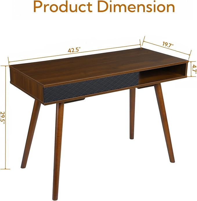 GarveeHome 42 in Mid Century Home Office Writing Desk, Modern Simple Computer Desk with Drawer and Open Storage Cubby, Small Vanity Table Desk for Bedroom, Walnut