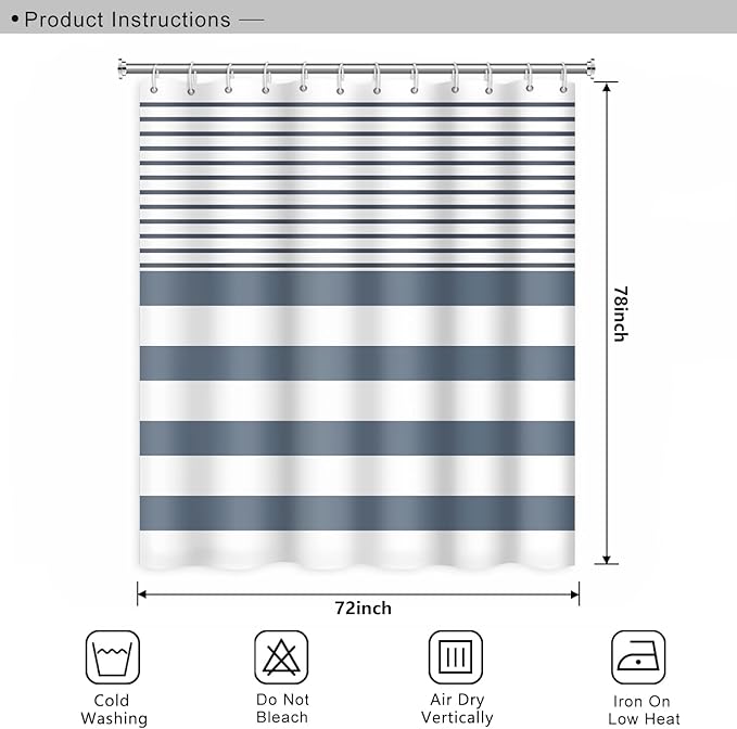 Abstract Stripes Fabric Bathroom Shower Curtain - Navy Blue Lines Modern Minimalist with Hooks - Polyester Waterproof Artistic Decor, 72x78 Inch