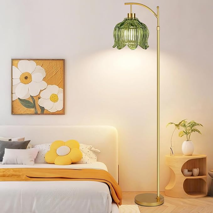 QIYIZM Green Floor Lamp for Living Room,Bedroom,Gold Dimmable Standing Lamp with Remote,Mid Century Modern Brass Tall Lamp Boho Floor Lamps Arc Vintage Glass Flower Floor Light Lamp Girls Bohemian