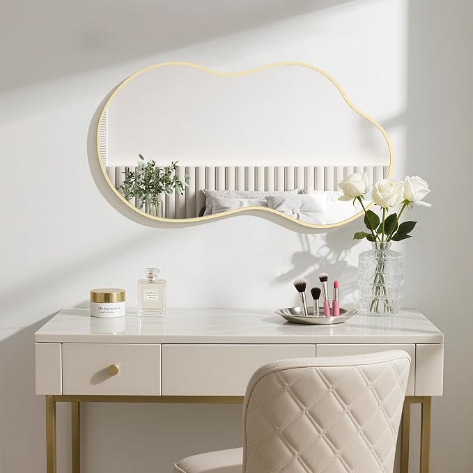 HOMECOOKIN 36" H x 20" W Irregular Wall Mirror, Asymmetrical Decorative Mirror with Gold Aluminum Frame, Wavy Abstract Gold Mirror, for Living Room, Bedroom, Bathroom, Entryway, Cloakroom
