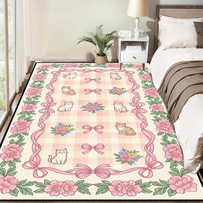 6'x9' Cat Floral Area Rug Pink Bow Flower Carpet Washable Rug Cute Cartoon Boho Floor Mat for Bedroom Living Room Nursery Playroom Classroom Home Decor