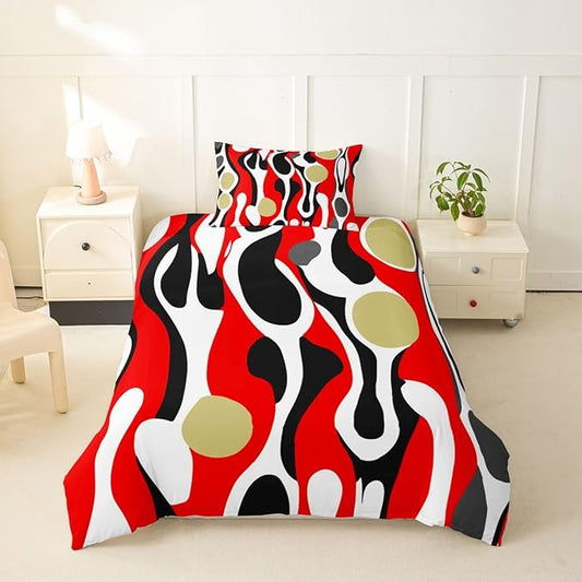 Erosebridal Mid Century Modern Abstract Duvet Cover Set Vintage Geometric Twin Bedding Sets for Girls Children Boys Contemporary Organic Shapes Comforter Cover Squiggle Blob Bed Set,Red Beige