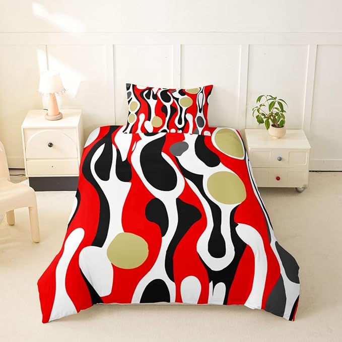 Erosebridal Mid Century Modern Abstract Duvet Cover Set Vintage Geometric Girl Toddler Bedding Set for Children Boys Contemporary Organic Shapes Comforter Cover Squiggle Blob Bed Sets,Red Beige
