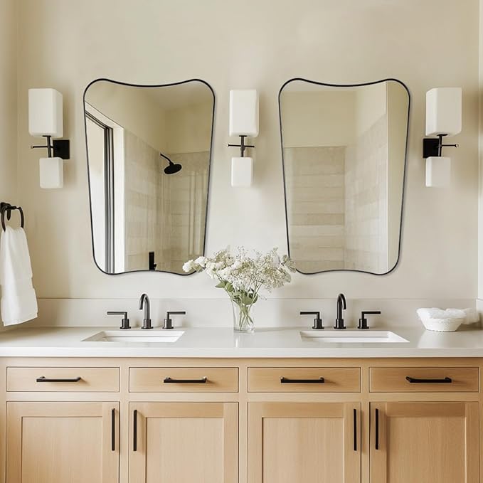 MIRRORTART Contemporary Black Bathroom Mirrors for Wall, 24x36'' Asymmetrical Scalloped Butterfly Rectangle Mirror in Stainless Steel Metal Frame for Home Decor Wall Mounted Vertical Only