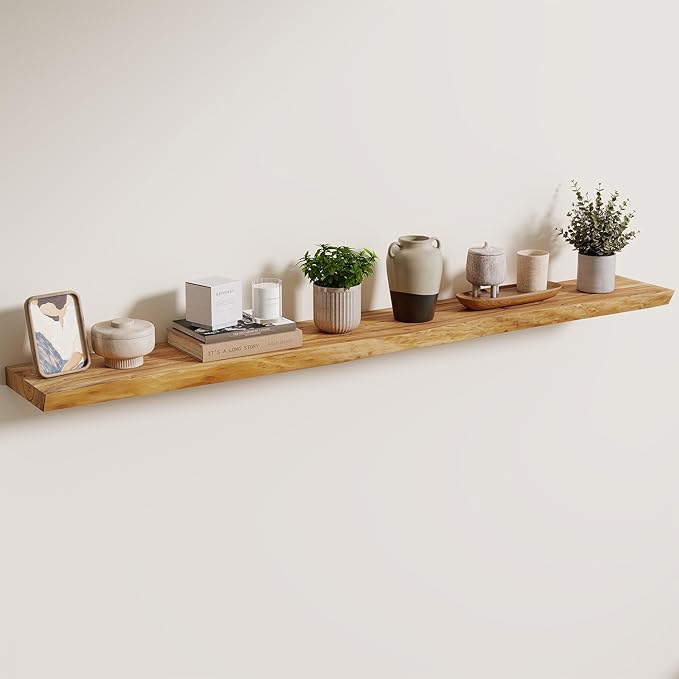 Axeman 55 inch Floating Shelves for Wall - 8'' D Live Edge Rustic Solid Elm Wood Floating Shelves Wall Mounted, Hanging Shelves with Invisible Bracket for Living Room Bedroom Kitchen, Natural