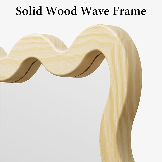 22"x30" Wood Wavy Wall Mirror for Powder Room, Solid Wood Squiggle Mirror for Vanity, Small Asymmetrical Irregular Mirror, Natural Wooden Boho Aesthetic Decor
