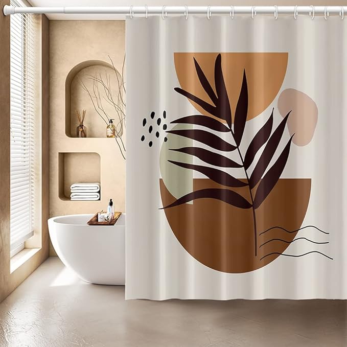 Mid Century Brown Boho Shower Curtain 72x96 Inch Abstract Semicircle Geometric Plant Leaves Sun Modern Minimalist Shower Curtain for Bathroom with Hooks Waterproof Polyester Fabric