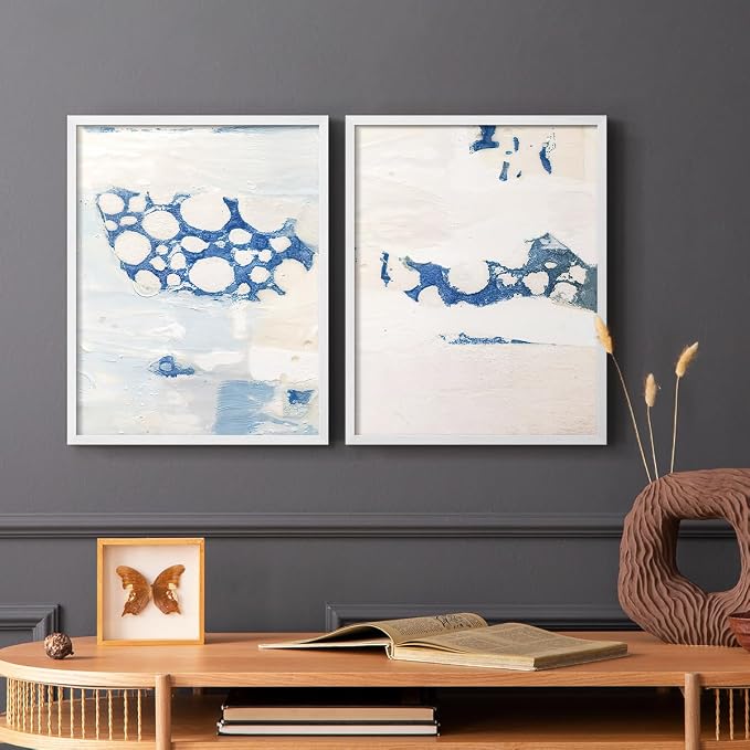 Renditions Gallery Set of 2 Peel & Stick Framed Prints, Textured Abstract Wall Art, White Blue Bubble Like Pattern Wall Decor, Re-Stickable - Ready to Hang - 11"x14" - White Frame LT588