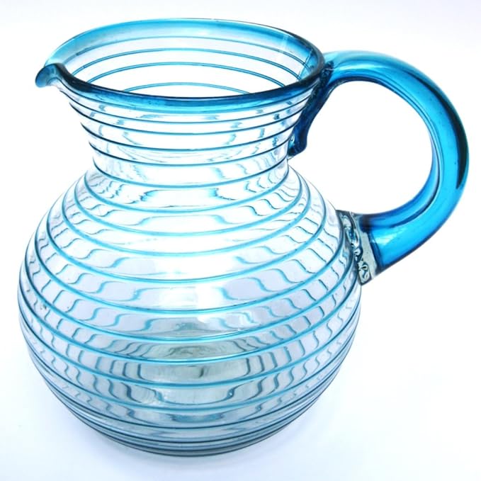 Aqua Blue Spiral 120 oz Pitcher and 6 Drinking Glasses set, Recycled Glass, Lead-free, Toxin-Free (Pitcher & Glasses)