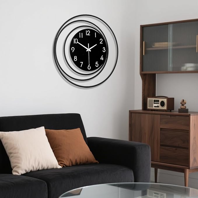 16inch Decorative Wall Clock, Silent Non-Ticking Quality Quartz Battery Operated, Large Wall Clock for Living Room Kitchen Home Bathroom Bedroom Wall Decor, Black