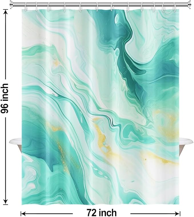 Turquoise Shower Curtain, Modern Teal and Gold Marble Shower Curtain for Bathroom Aesthetic Waterproof Shower Curtain Set with Hooks, 72x96 Inch