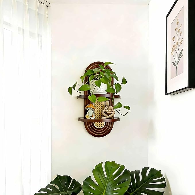 2-Tier Woven Rattan Floating Shelves, Mid-Century Modern Boho Vintage Wooden Wall Decor Plant Shelf for Living Room, Bedroom, Bathroom, Home Office, Ideal for Small Planters & Accents (Walnut)