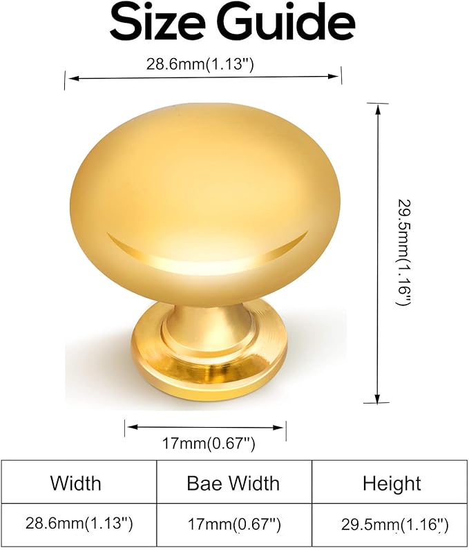 Polished Gold Cabinet Knob Solid Kitchen Drawer Hardware,Antique Gold Drawer Dresser Round Knob Euro Style Furniture Hardware,Diameter:1-1/5"