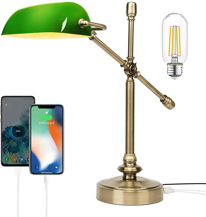 FIRVRE Green Bankers Desk Lamp, Dimmable Retro LED Desk Lamp with Charging Function, Touch Adjustable Dimming E26 Lamp, Retro Style Reading Light for Study, Home Office, Living Room(1Bulb Included)