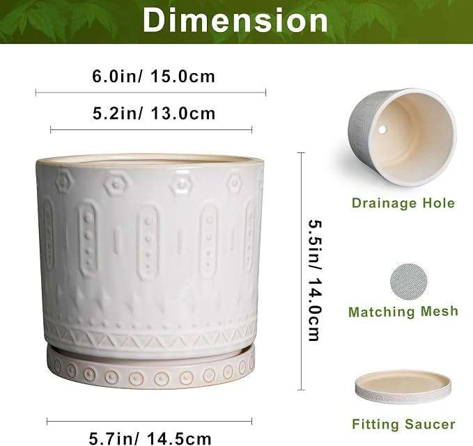 Eightpot Ceramic Planter, 6 Inch Pot for Plants with Drainage Holes and Tray, Round Plant Pots for Indoor Outdoor Plants, Boho Decorative Flower Pots, Home Room Decor, Gifts for Women, White