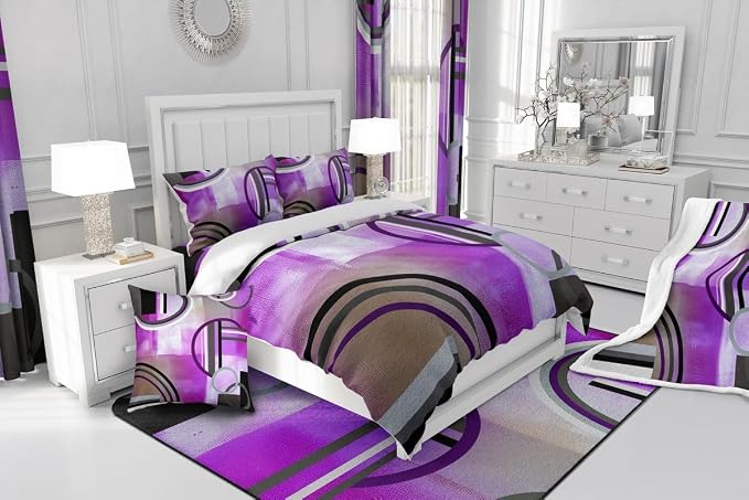 Erosebridal Ombre Purple Grey Comforter Cover Full, Oil Painting Circles Duvet Cover Bedroom Decor,Modern Geometric Stripes Lines Bedding Set,Abstract Grunge Artwork Quilt Cover 3 Pcs with Zipper