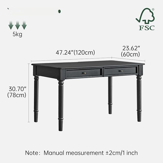 Solid Wood Computer Desk with Double Drawers, Black Vintage Rubber Wood Writing Desk for Home Office 47.2"