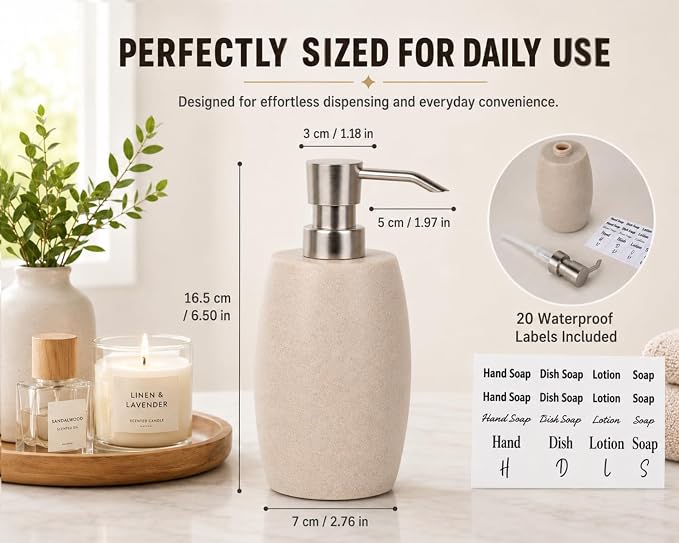 Clasin Home Sandstone Textured Resin Soap Dispenser with Metallic Pump and Waterproof Bottle Labels for Bathroom Kitchen Dish Hand Wash Shower Lotion Shampoo, 12 Oz, Beige