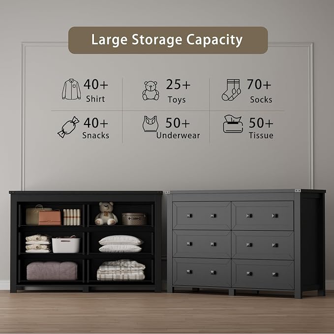 6 Drawer Dresser for Bedroom, Black Modern Dressers & Chests of Drawers with Metal Handles, Closet Storage Dresser, Storage Cabinet and Organizer with Drawers