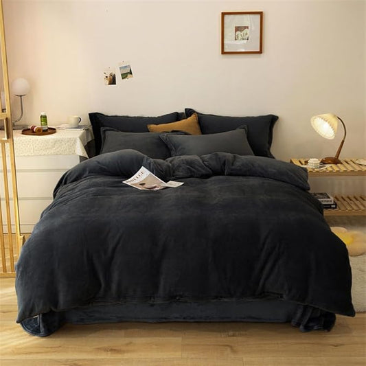 Pureant Black Velvet Comforter Sets King Solid Black Fluffy Bedding Comforters Women Men Plain Dark Color Flannel Quilt Modern Minimalist Blanket Micromink Sherpa Plush Bed