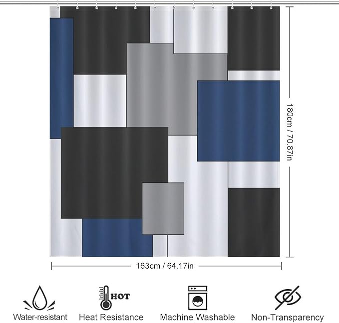 Retro Geometric Shower Curtain,Blue Black Modern Geometry Minimalist Neutral Design Bathroom Curtain Polyester Waterproof Fabric Decor 66x72in（168x183cm）