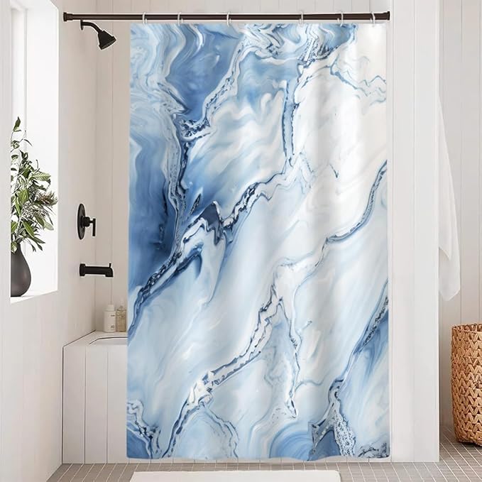 Blue Shower Curtain, Ombre Blue Marble Shower Curtain for Bathroom Modern Aesthetic Waterproof Shower Curtain Set with Hooks, 48x72 Inch