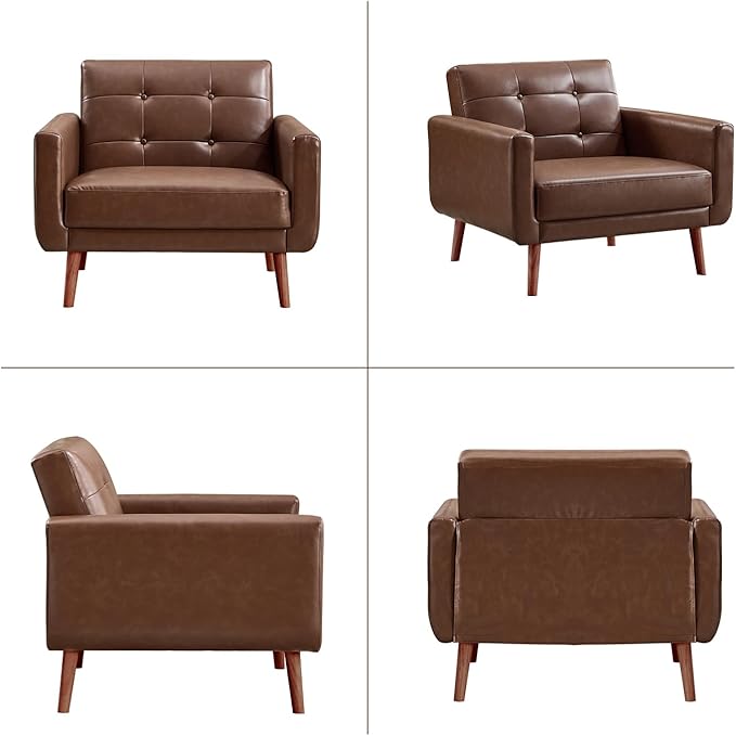 CANMOV 29" W Oversized Leather Accent Chair Set of 2, Mid Century Modern Accent Chairs, Armchair Button Back for Living Room, Modern Upholstered Bedroom Chair Cozy Armchair with Wood Legs, Brown