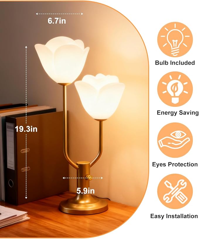 Lightdot Women Bedside Table Lamps for Bedroom, 2-Light Cute Flower Desk Lamp with G9 LED Bulbs, 0-100% Stepless Dimmable Gold Nightstand Lamp, Floral Lamp for Living Room, Home Office,Reading