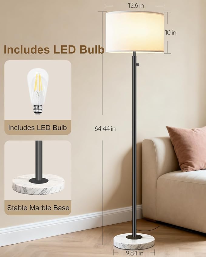 Floor Lamp for Bedroom,Modern Floor Lamp for Living Room,Standing Lamp with Marble Base,Tall Standing Lamp for Bedroom,Reading,Office & Kids' Room,LED Bulb Included(Black)