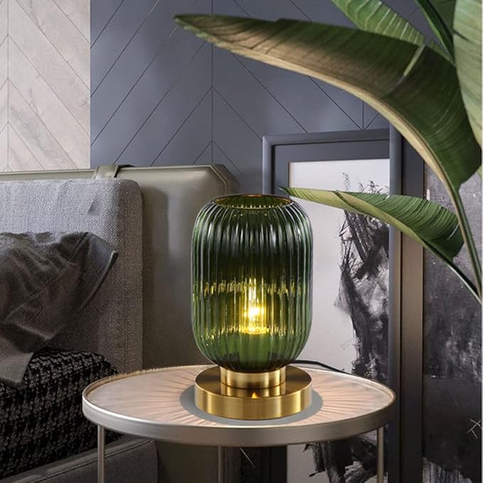 Glass Table Lamps Mid Century Modern Globe Table lamp Gold Desk lamp nightstand lamp with Green Pumpkin Design Ribbed Glass Bedside Table Lamp for Bedroom Living Room Office