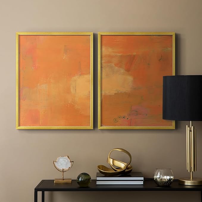 Renditions Gallery Set of 2 Peel & Stick Framed Prints, Abstract Wall Art, Rustic Fain Marking with Brush Strokes Wall Decor, Re-Stickable - Ready to Hang - 11"x14" - GOLD Frame LT588