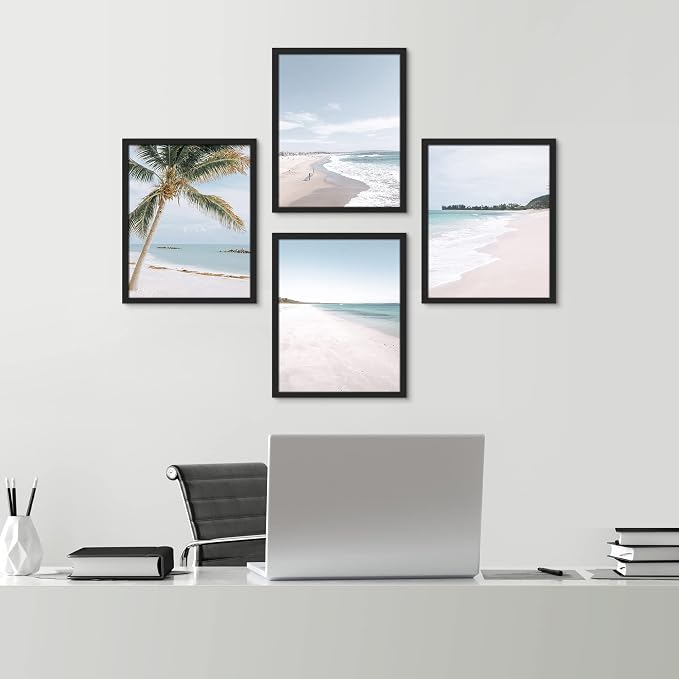 SIGNWIN Framed White Beach Shore Tropical Palm Tree Island Wall Art, Set of 4 Landscape Colorful Wall Decor Prints, Nature Wilderness Wall Décor for Living Room, Bedroom - 11"x14" Black
