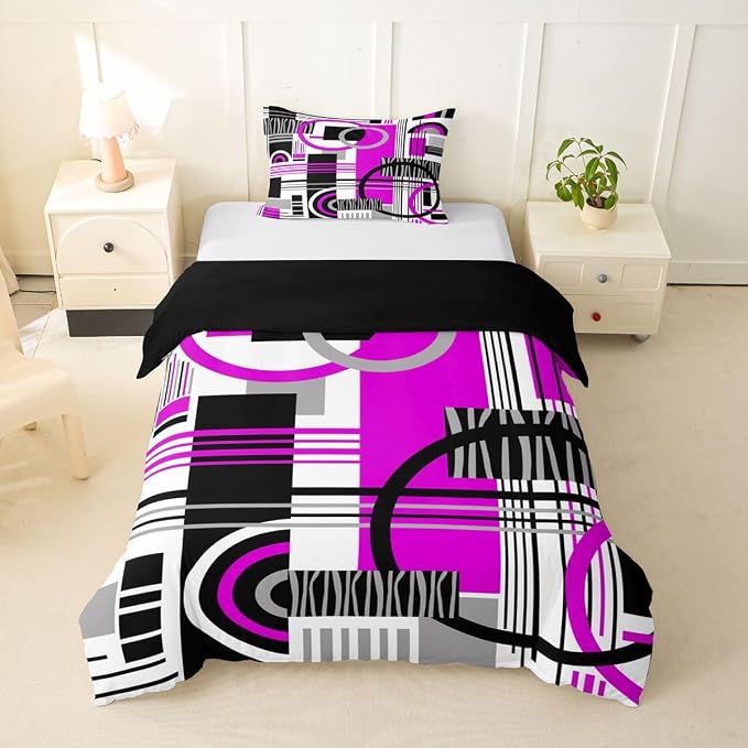 Art Deco Mid Century Duvet Cover Set Retro Modern Abstract Geometric Girl Toddler Bedding Set for Kids Teens Child Black and White Purple Circles Stripes Comforter Cover Contemporary Bed Sets