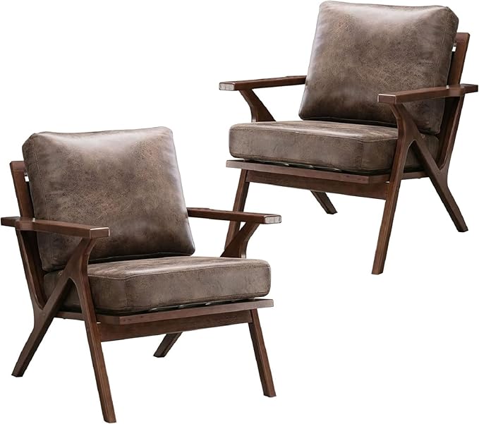 Bonzy Home Modern Accent Chair, PU Leather Accent Chairs Set of 2, Comfy Upholstered Armchair with Solid Wood Frame, Retro Leisure Chair Reading Nook Chair for Living Room Bedroom Office