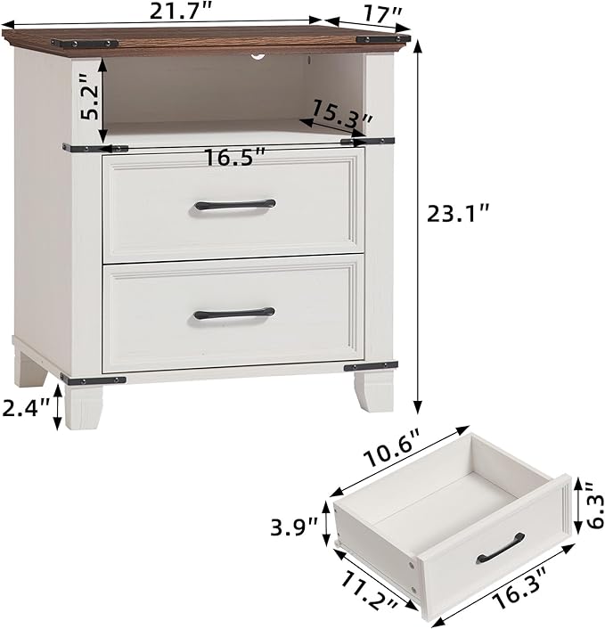 22" Nightstand, Farmhouse Nightstand with 2 Drawers,Industrial Bedside Table with Open Shelf for Bedroom Living Room,Office Bed Side Tables Couch End Table,White
