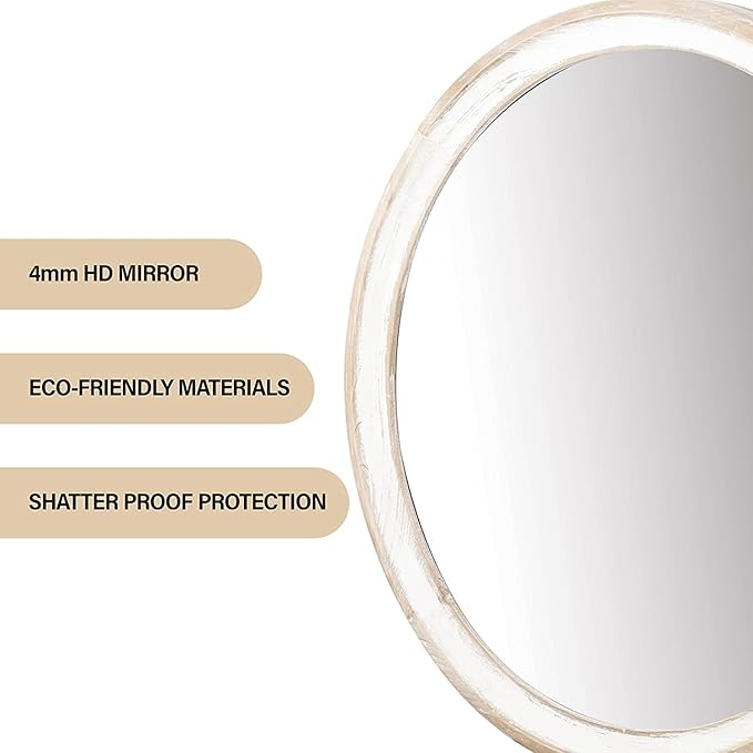 Reflinto 24 Inch Rustic Farmhouse Round Mirror for Wall Decor, | Whitewashed Wooden Circle Mirrors for Bathroom Over Sink, Bedroom, Entryway, Living Room, Kitchen, Office