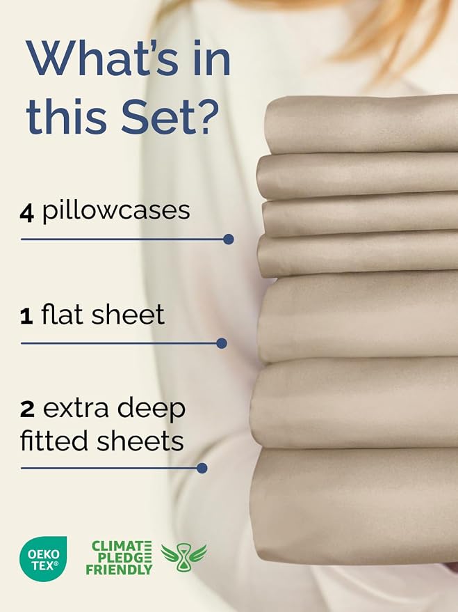Extra Deep Split King Sheet Set - 7 Piece Breathable and Cooling Sheets - Hotel Luxury Bedding for Women, Men, Kids & Teens - Easy Secure Fit - Soft, Wrinkle Free & Comfy - Extra Deep Pockets - Cream