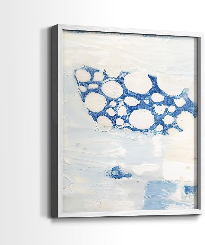 Renditions Gallery Set of 2 Peel & Stick Framed Prints, Textured Abstract Wall Art, White Blue Bubble Like Pattern Wall Decor, Re-Stickable - Ready to Hang - 8"x10" - White Frame LT588