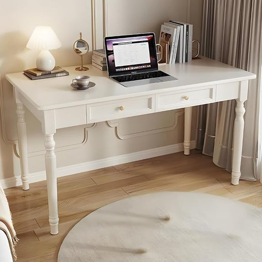 Computer Desk with 2 Drawers Mid-Century Modern Wooden Writing Desk Vintage Vanity Table Study Work Table for Office Creative idea(White,100cm)