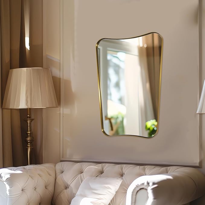MIRRORTART Contemporary Brushed Brass Bathroom Wall Mirrors, 24x32'' Asymmetrical Scalloped Butterfly Rectangle Gold Mirror in 1'' Stainless Steel Metal Frame for Home Decor Wall Mounted Vertical Only